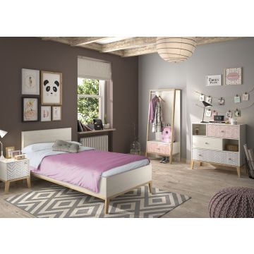Kinderzimmer Malika: Bett 90x190cm, Nachttisch, Kleiderständer, Kommode - Kastanie
