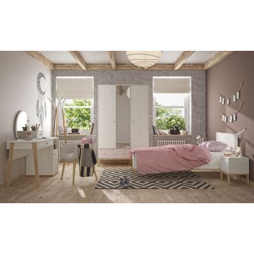Kinderzimmer Malika: Bett 90x190, Nachttisch, Kleiderschrank, Schminktisch/Schreibtisch - Kastanie