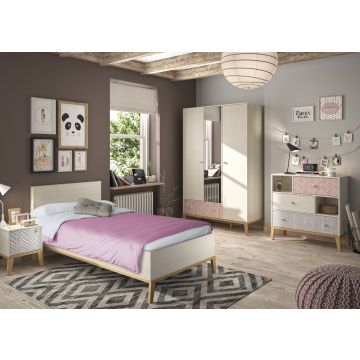 Kinderzimmer Malika: Bett 90x200cm, Nachttisch, Kleiderschrank, Kommode - Kastanie