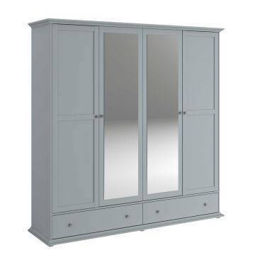 Kleiderschrank Morgane 199cm mit 4 Türen und Spiegel - grau