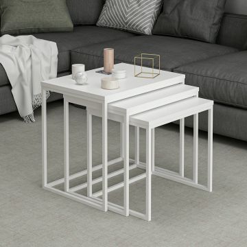 Woody Fashion Nesting Table Set - 3 Stück | Melaminbeschichtet | Metallrahmen | Weiß