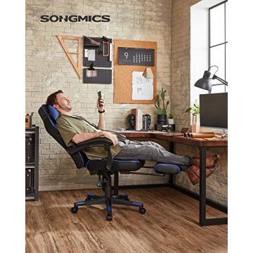 Gaming Stuhl Bürostuhl, Fußstütze, höhenverstellbar ergonomisch 90-135° Neigungswinkel Belastbarkeit 150 kg Schwarz Blau