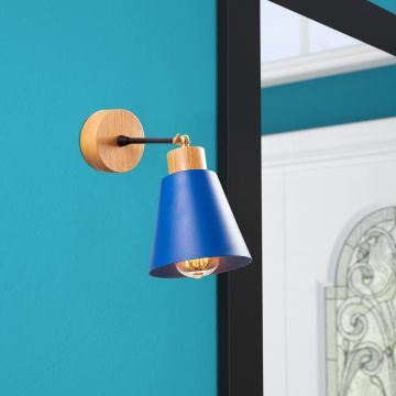 Blaue Wandleuchte | Elegante und zeitgenössische dekorative Beleuchtung | Metallgehäuse, Holzsockel | 14 cm Durchmesser, 25 cm Höhe