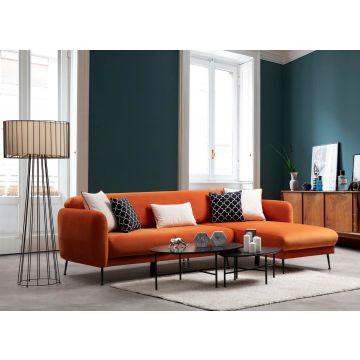 Komfortables und stilvolles Ecksofa | Buchenholzrahmen, orangefarbener Polyesterstoff | 270x170 cm | Sofabett-Mechanismus