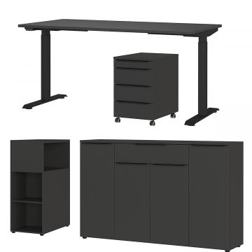 Büro-Set Hermoso | Schreibtisch, Kommode, Raumteiler, Sideboard | Schwarz
