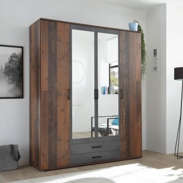 Kleiderschrank Ellis 160cm mit 4 Türen 2 Schubladen und Spiegel - alter Stil/Beton
