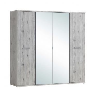 Kleiderschrank Forever 220cm mit 4 Türen und Spiegel - Eiche grau