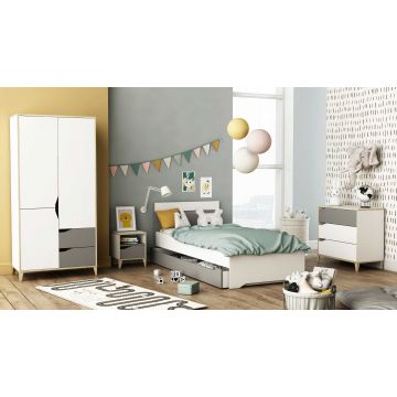 Kinderzimmer Gerry: Bett 90x190/200cm mit Schublade, Kleiderschrank, Nachttisch, Kommode - weiß