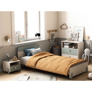 Kinderzimmer Ilyas: Bett 90x190/200cm, Nachttisch, Kommode - Eiche/grau-grün