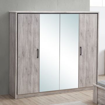 Kleiderschrank Sela 214cm mit 4 Türen und Spiegel - Eiche grau