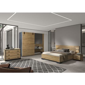 Schlafzimmer Nour: Bett 140x200cm, Nachttisch, Kommode, Kleiderschrank 245cm - Eiche/schwarz