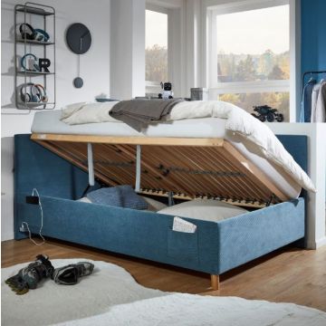 Kofferbett Cool | 140 x 200 cm | Mit Rückenlehne | Blaues Design