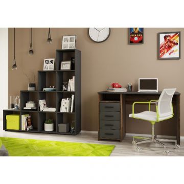 Schreibtisch-Set Ramos | Schreibtisch und Schrank mit offenen Ablagefächern | Design Anthracite Oak
