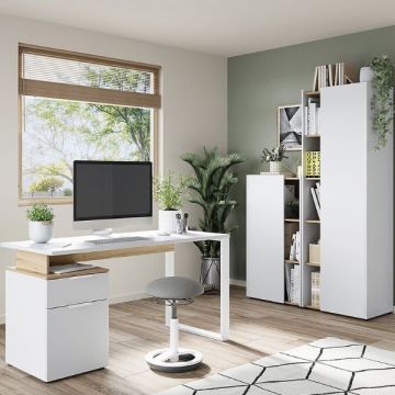 Büro-Set Yannai | Schreibtisch mit Ablage, mittlerer und großer Aktenschrank | Oak White Design