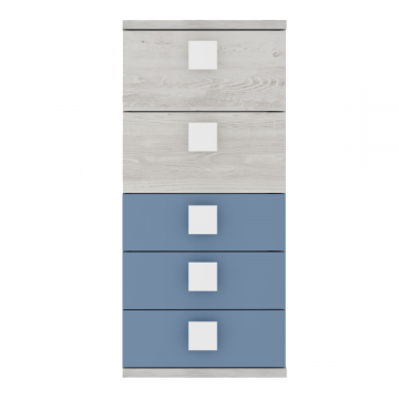 Kommode Bo0 98 cm mit 5 Schubladen und quadratischen Griffen - Kiefer/blau