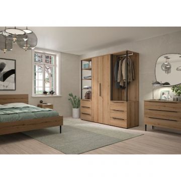 Schlafzimmerkombination Lucian | Doppelbett, Nachttisch, Kommode, Kleiderschrank und Regal | Helvezia Oak Design