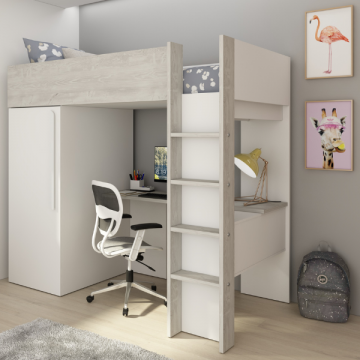 Hochbett Bo9 90x200 cm mit Schreibtisch & Kleiderschrank - weiß