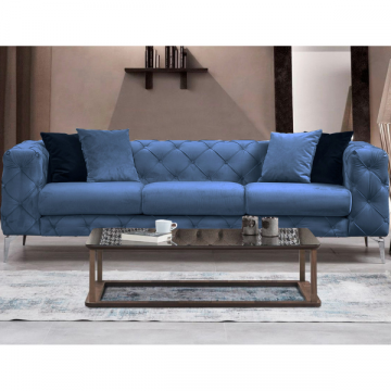 Comfort Design 3-Sitzer Sofa | Buchengestell, blaues Polyester | 237x73x90cm | Chrombeine