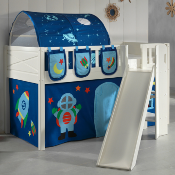 Halbhochschläfer Scottie 90x200 cm mit Rutsche, Astronautenspielvorhang, 3 Aufbewahrungstaschen und Betttunnel-weiß