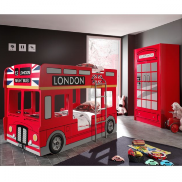 Etagenbett London Bus 90x200 cm mit LED-Beleuchtung 2-türiger Kleiderschrank-rot