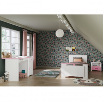 Kinderzimmer Biotiful: Schreibtisch, Bett 90x200, Nachttisch - weiß/rosa