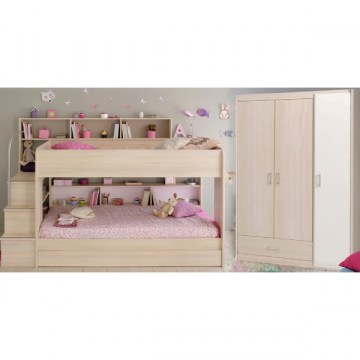 Kinderzimmer-Set Bibop | Etagenbett, Bett-Schubladen-Set, dreitüriger Kleiderschrank