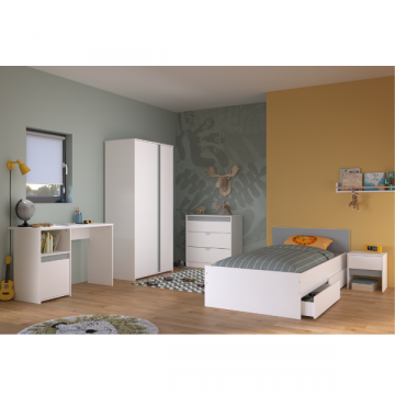Kinderzimmer Rue | Einzelbett, Bettkasten, Nachttisch, Kleiderschrank, Kommode, Schreibtisch