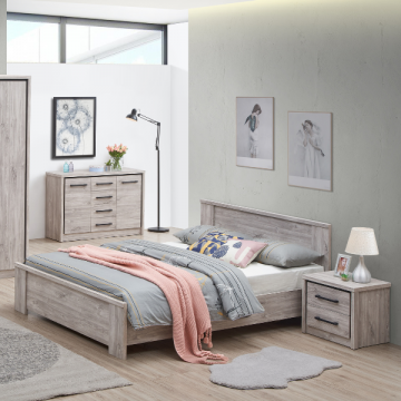 Schlafzimmer Sela: Bett 160x200cm, Nachttisch, Kommode - Eiche grau