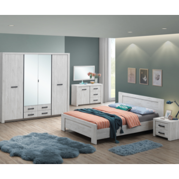 Schlafzimmer Elvira: Bett 140x200cm, Nachttisch, Kommode, Spiegel, Kleiderschrank - Eiche weiß