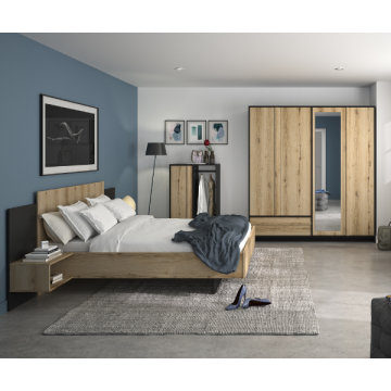 Schlafzimmer Marzano: Bett 140x200cm, zwei Kleiderschränke - Eiche Dekor/schwarz