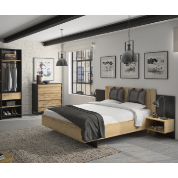 Schlafzimmer Marzano: Bett 140x200cm, Kommode, Kleiderschrank - Eiche Dekor/schwarz