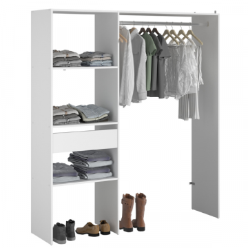 Kleiderschrank Botan 162cm, 1 Schublade und 3 Einlegeböden und 1 Kleiderstange - weiß
