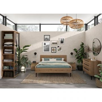 Schlafzimmerset Lucian | Doppelbett, Nachttische, Kommode, Kleiderständer | Helvezia Oak Design