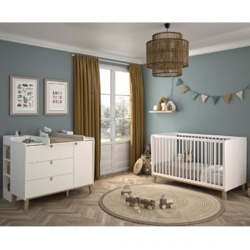 Kinderzimmer-Set Aaron | Baby-/Kleinkindbett, Kommode mit Wickeltisch und Schrank | Weiß