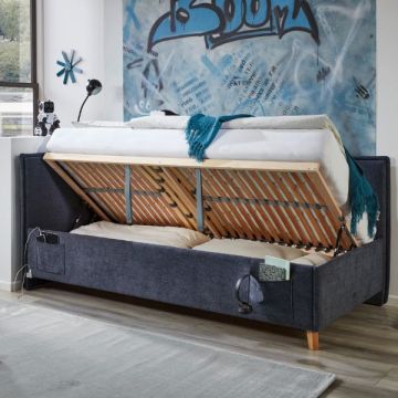 Kofferbett Ollie | Mit Rückenlehne | 120 x 200 cm | marineblaues Design