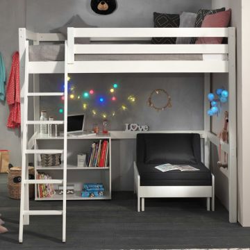 Hochbett Claire 140x200cm mit Bücherregal und Schlafsofa - weiß