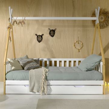 Tipi Bett 90 x 200cm mit Reling und Bettkasten Kiefer - weiß