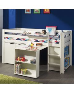 Halbhochbett Charlotte mit Schreibtisch, Bücherschrank und Regalen  - weiß