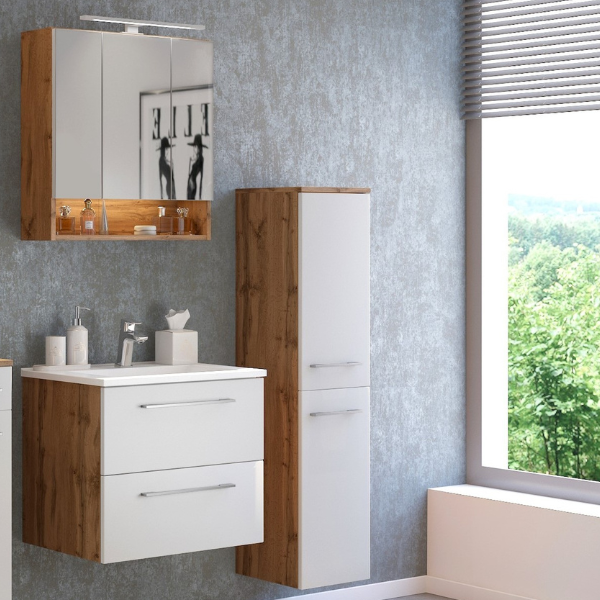 SefaBadezimmer : Spiegelschrank, Waschtischschrank, Säulenschrank - Eiche/Weiß SefaBadezimmer : Spiegelschrank, Waschtischschrank, Säulenschrank - Eiche/Weiß